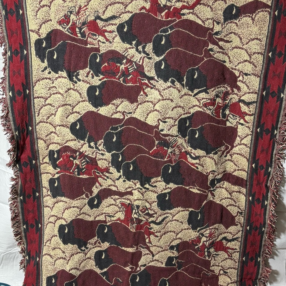 Vintage Bob Timberlake Buffalo Bison Camp Western Native Tapestry Throw Blanket